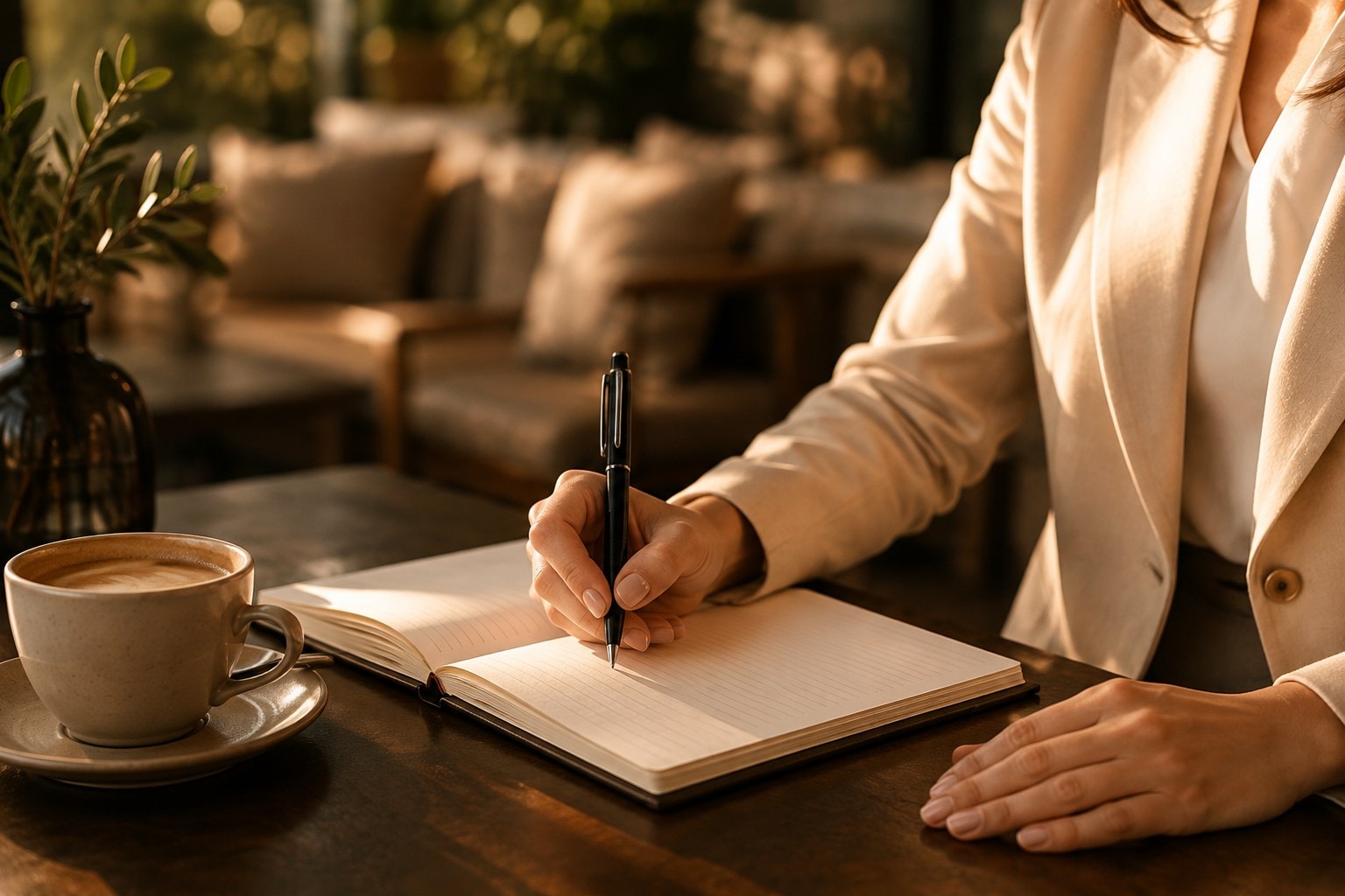 A travel advisor writing in a notebook beside a cup of coffee, warm daylight across the desk