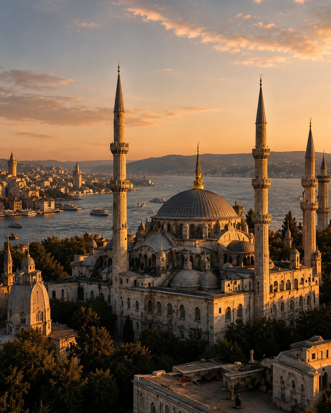 An imperial mosque above the Bosphorus in Istanbul, domes and minarets catching the last light