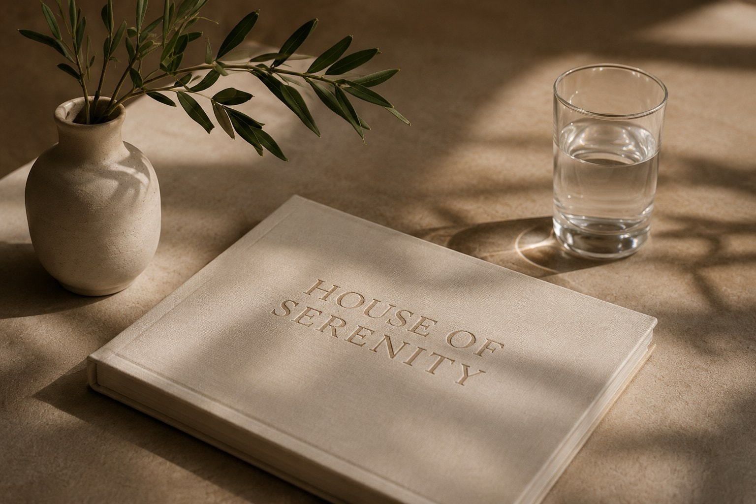 A linen-bound House of Serenity book embossed in gold, beside an olive sprig in a stoneware vase