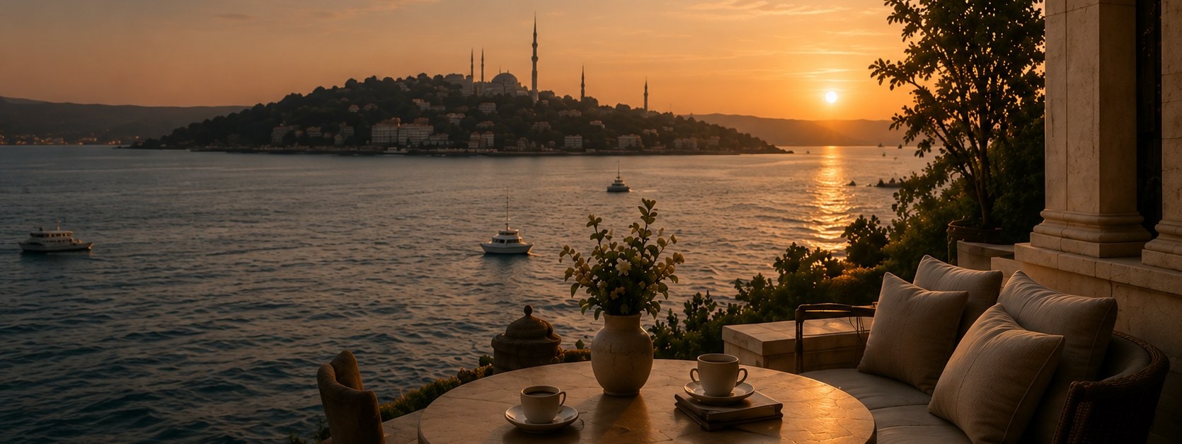 A terrace table above the Bosphorus at sunset, the old city skyline across the water