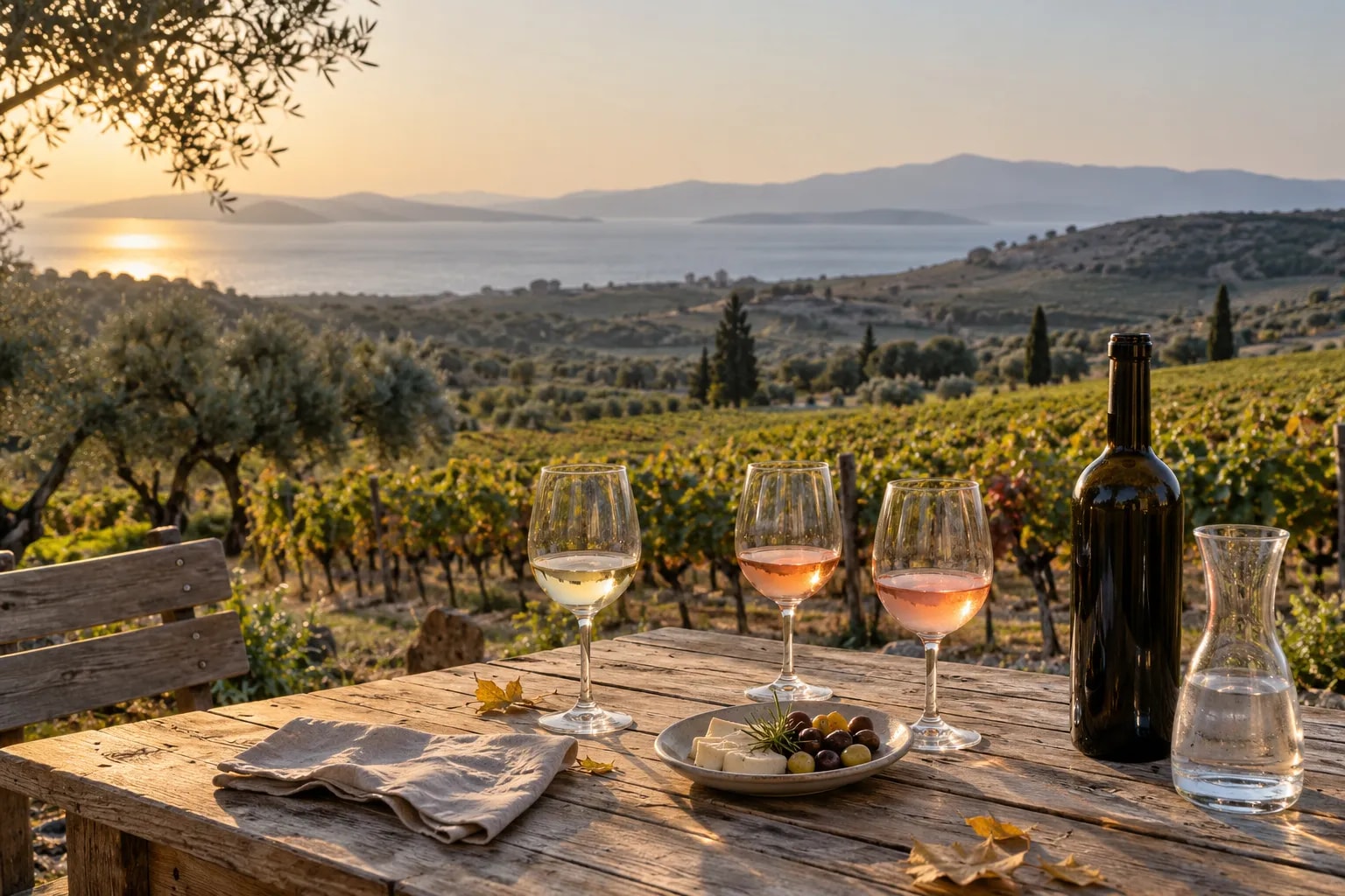 Glasses of white and rosé wine on a wooden table beside rows of vines in Urla at golden hour
