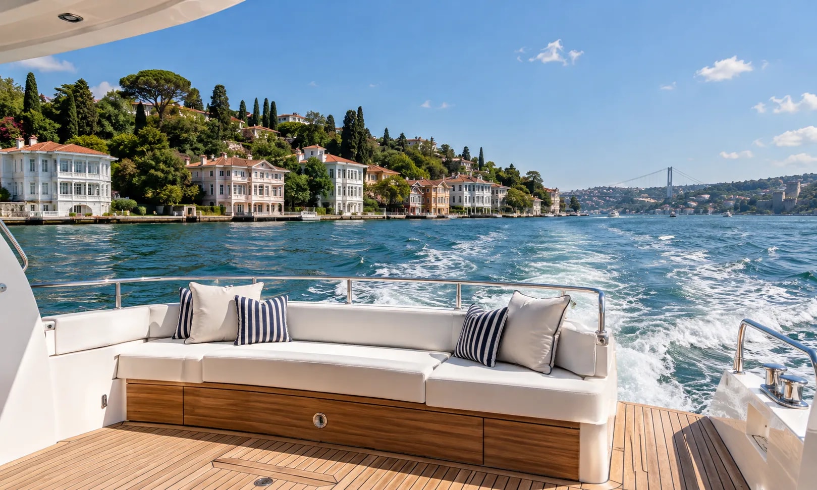 The deck of a private yacht cruising the Bosphorus past white waterfront mansions