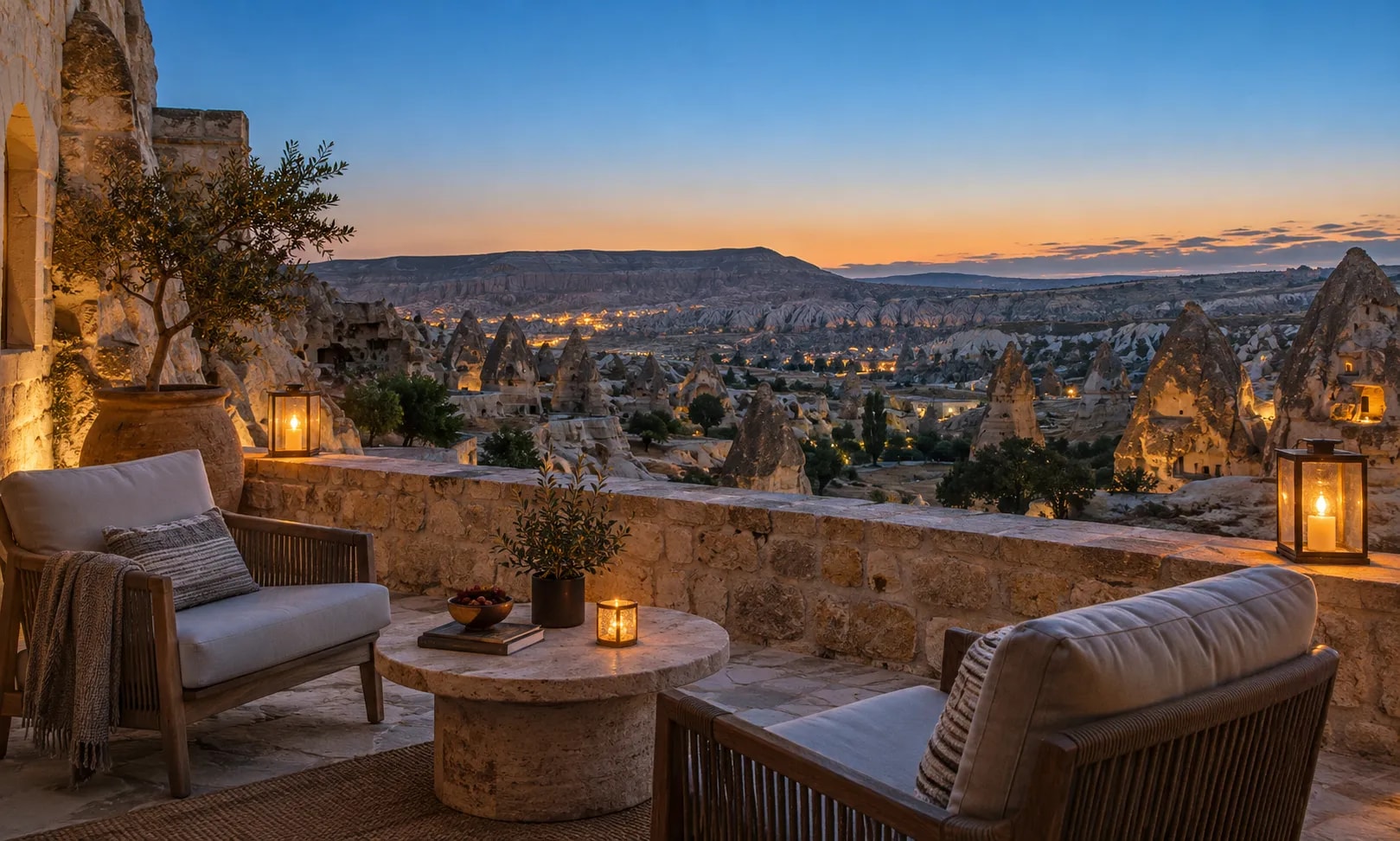 A lantern-lit terrace overlooking the fairy chimneys of Cappadocia at dusk