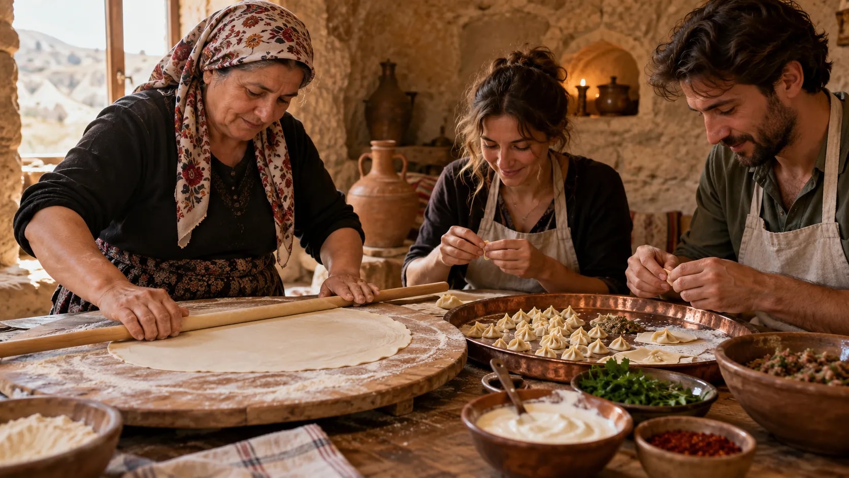 A local cook rolling thin dough while two guests fold mantı dumplings in a Cappadocian stone kitchen