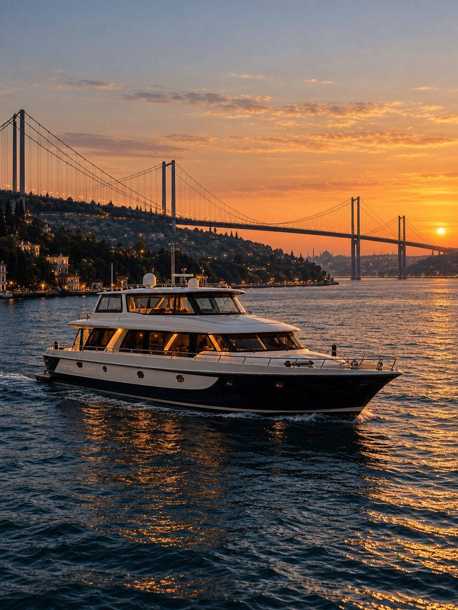 A private yacht cruising the Bosphorus at sunset, the suspension bridge and Istanbul skyline behind