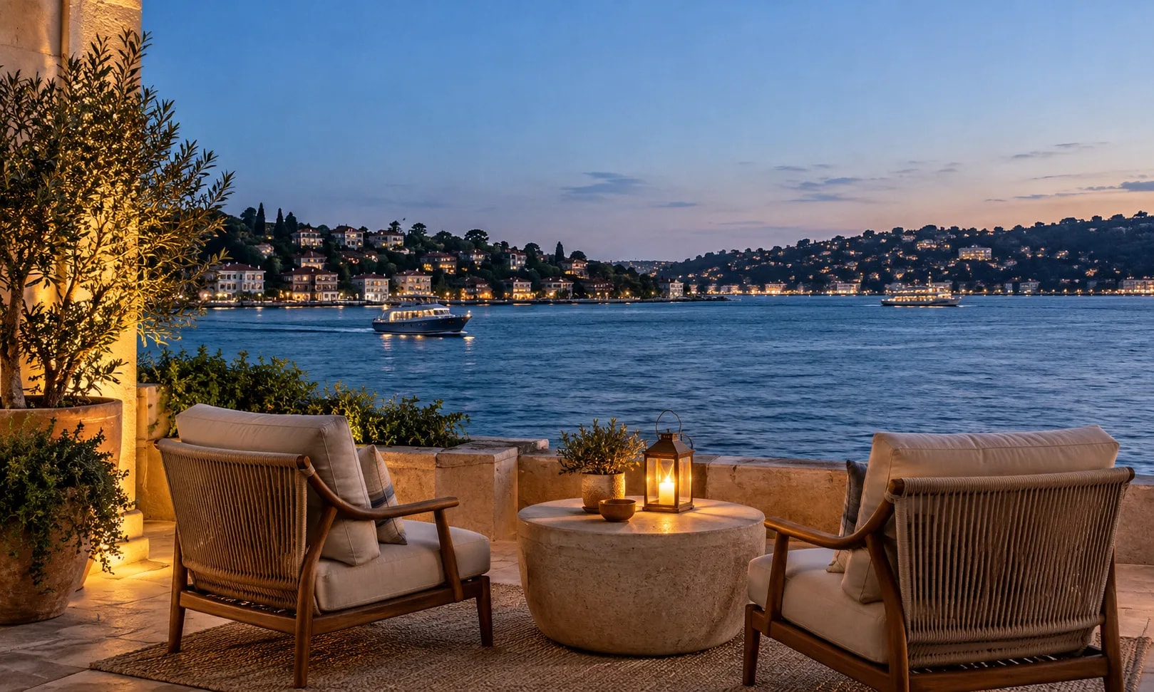A lantern-lit stone terrace with armchairs overlooking the Bosphorus at dusk