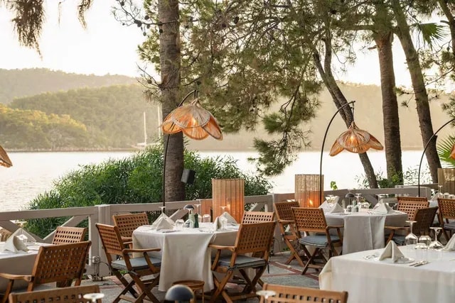 Set tables on a pine-shaded waterfront terrace at Hemithea Restaurant in Orhaniye