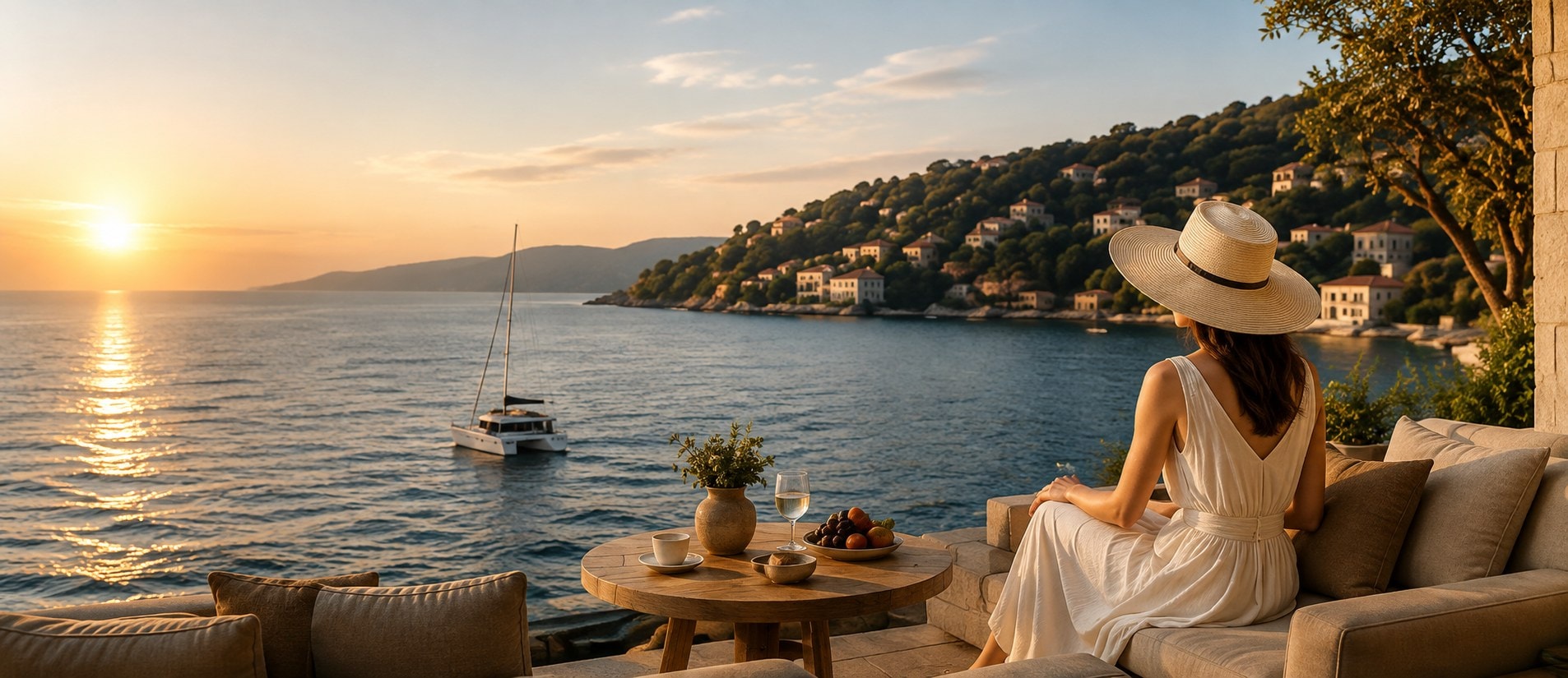 A traveller in a sunhat looking out over the Aegean from a terrace at golden hour