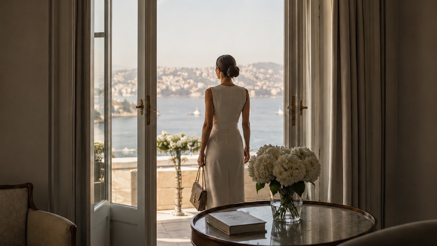 A woman in a cream dress standing at the open doors of a suite, looking out over the Bosphorus on a bright morning