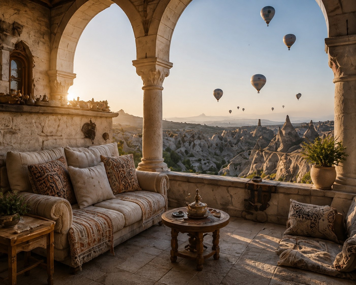 An arched stone terrace in Cappadocia with balloons rising over the valley beyond