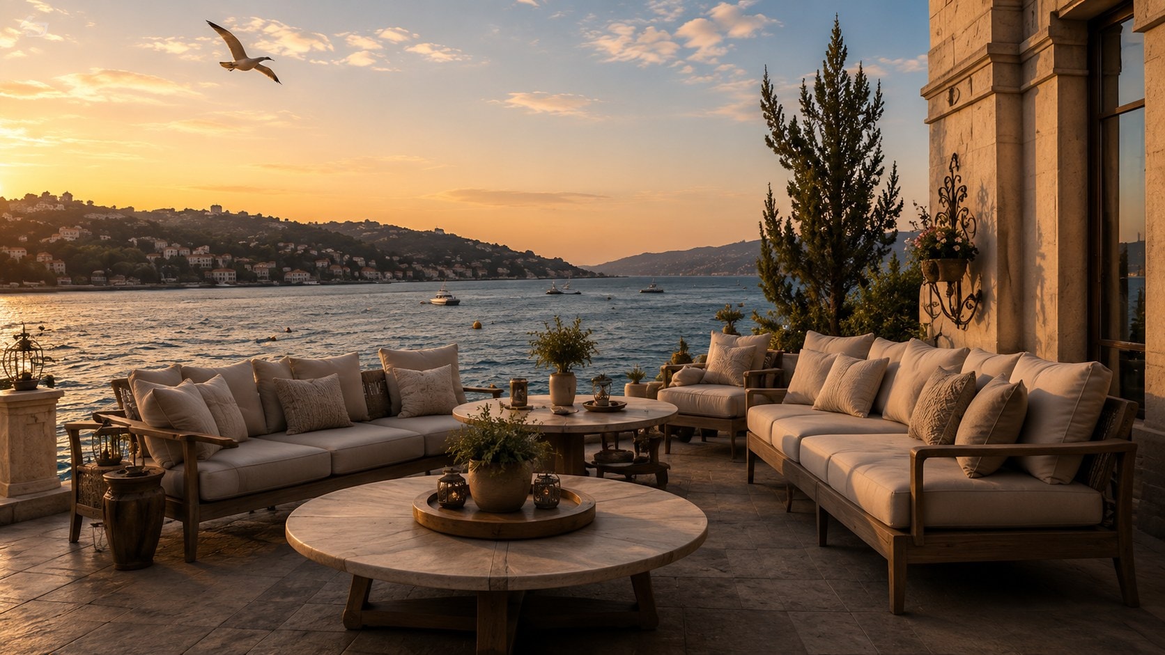 A quiet Bosphorus terrace with linen seating, lanterns lit as the sun sets behind the city