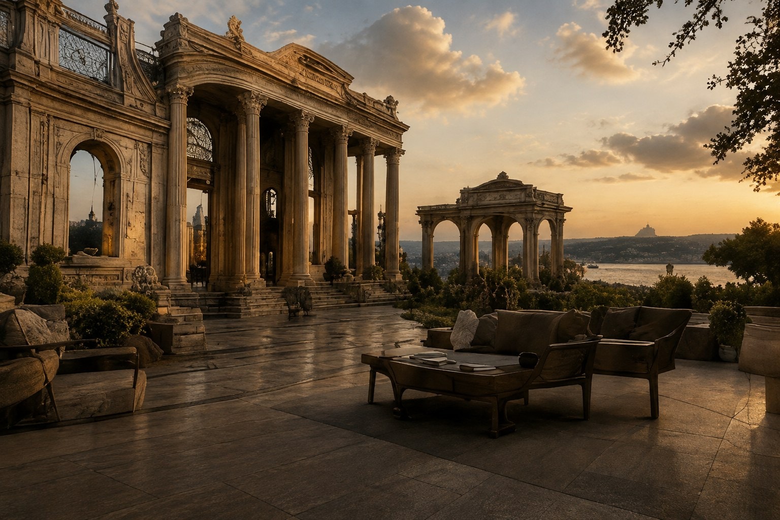 A colonnaded palace terrace overlooking the sea at golden hour, with classical pavilions and lounge seating