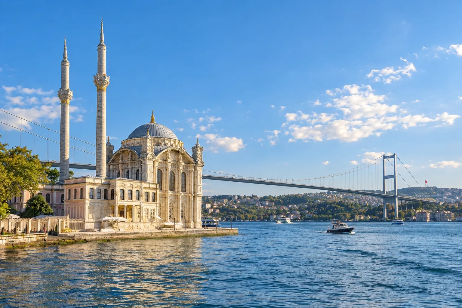 The Ortaköy Mosque on the Bosphorus waterfront with the suspension bridge behind it