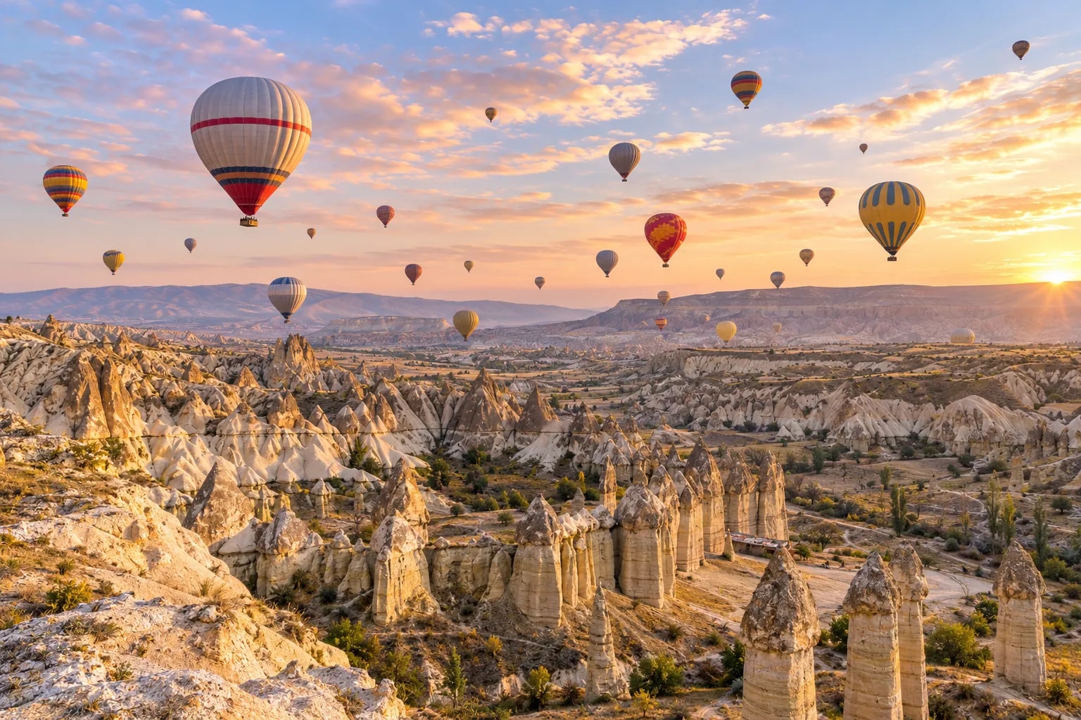 Hot air balloons drifting over the fairy chimneys of Cappadocia at sunrise