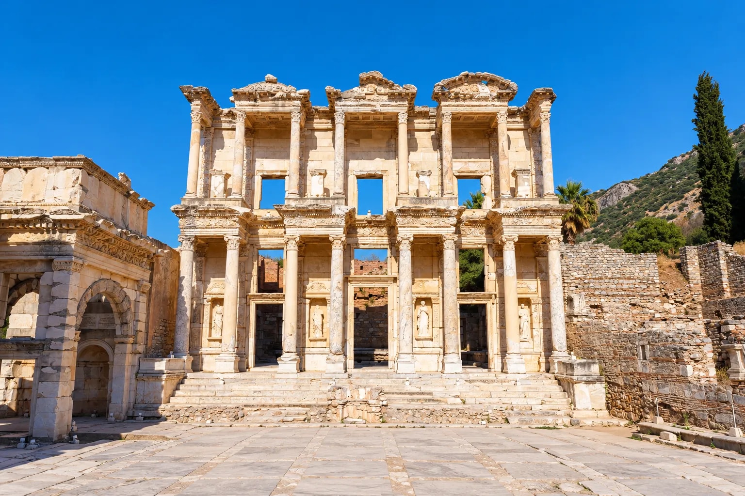 The marble facade of the Library of Celsus at Ephesus in morning light