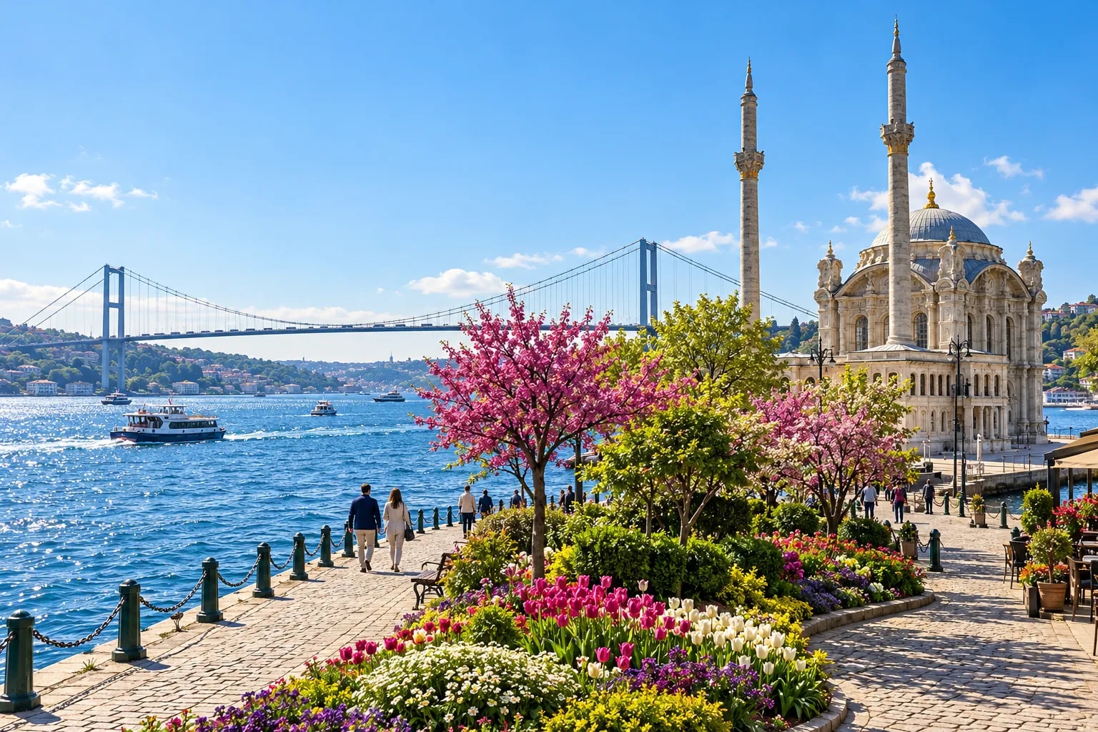Spring flowers along the Ortaköy waterfront with the Bosphorus Bridge in the background