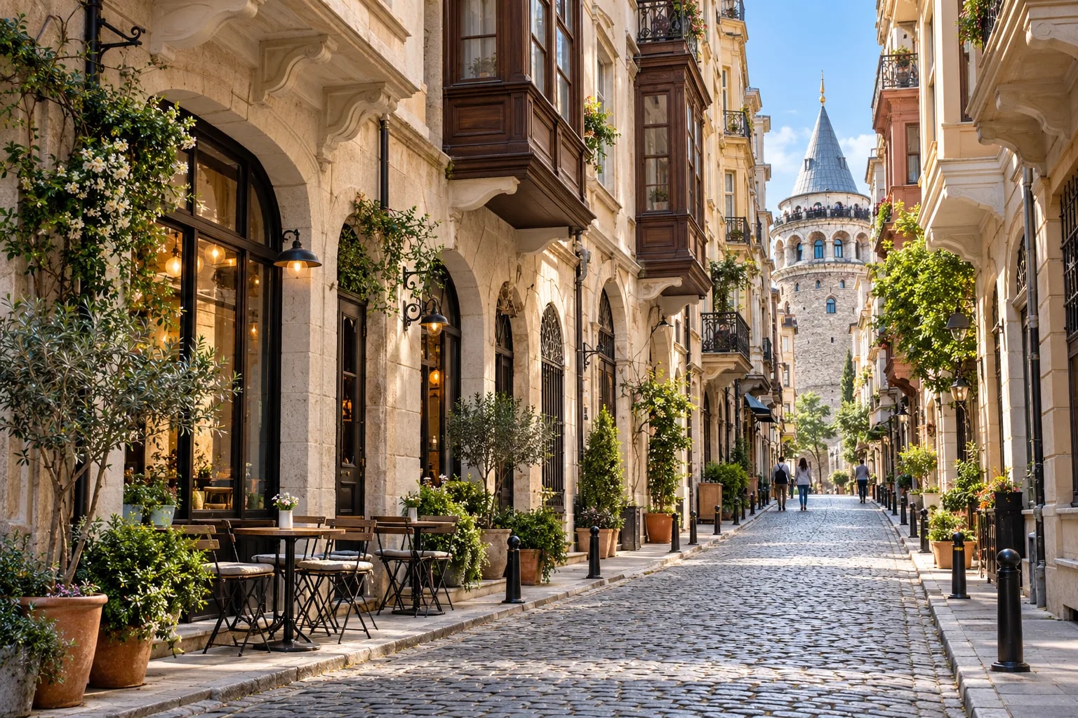 A cobbled street in Galata with café tables and the Galata Tower at the end