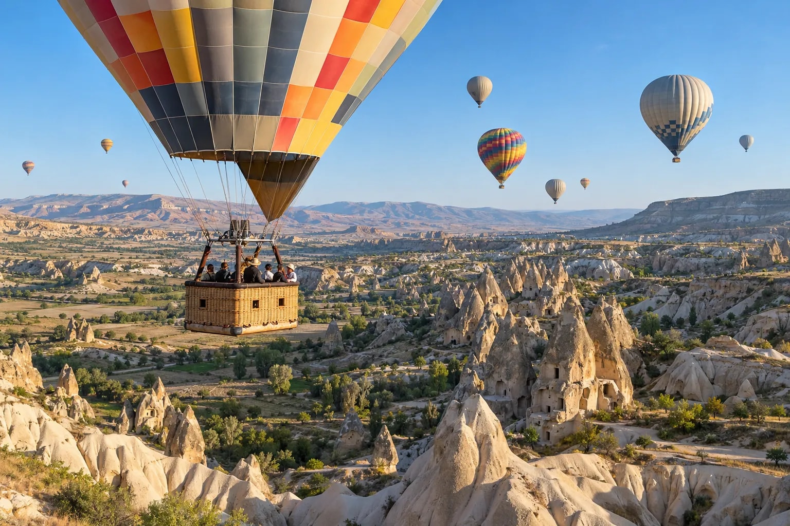 Guests in a hot air balloon basket drifting above the fairy chimneys of Cappadocia