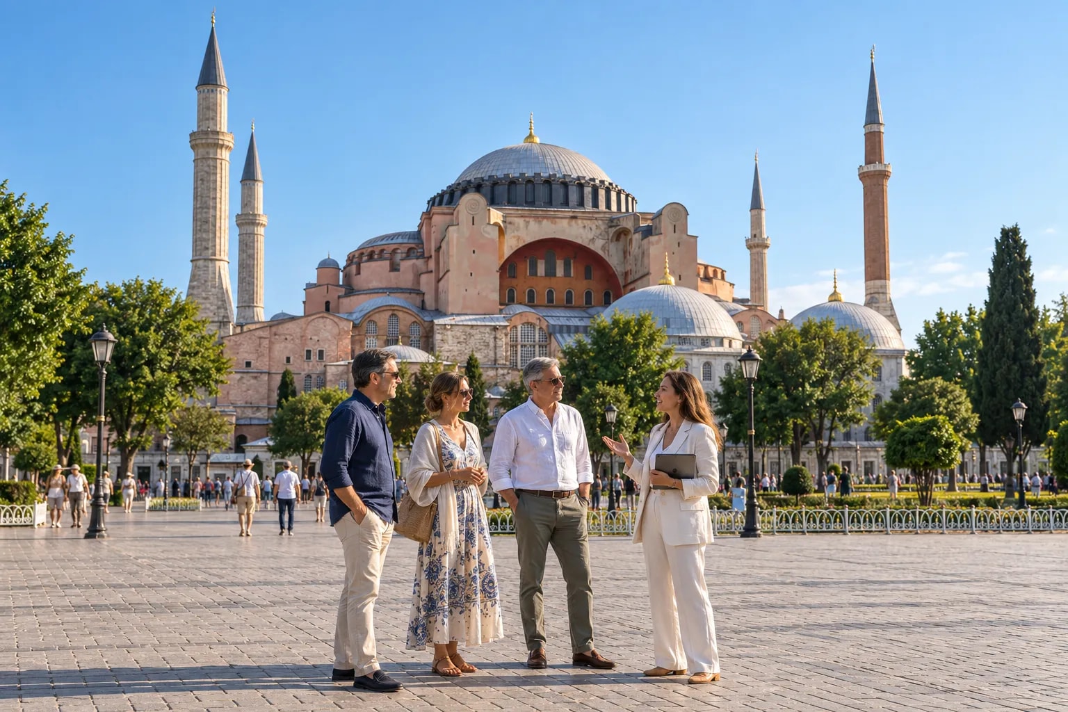 A guide talking with three travelers in the square in front of Hagia Sophia
