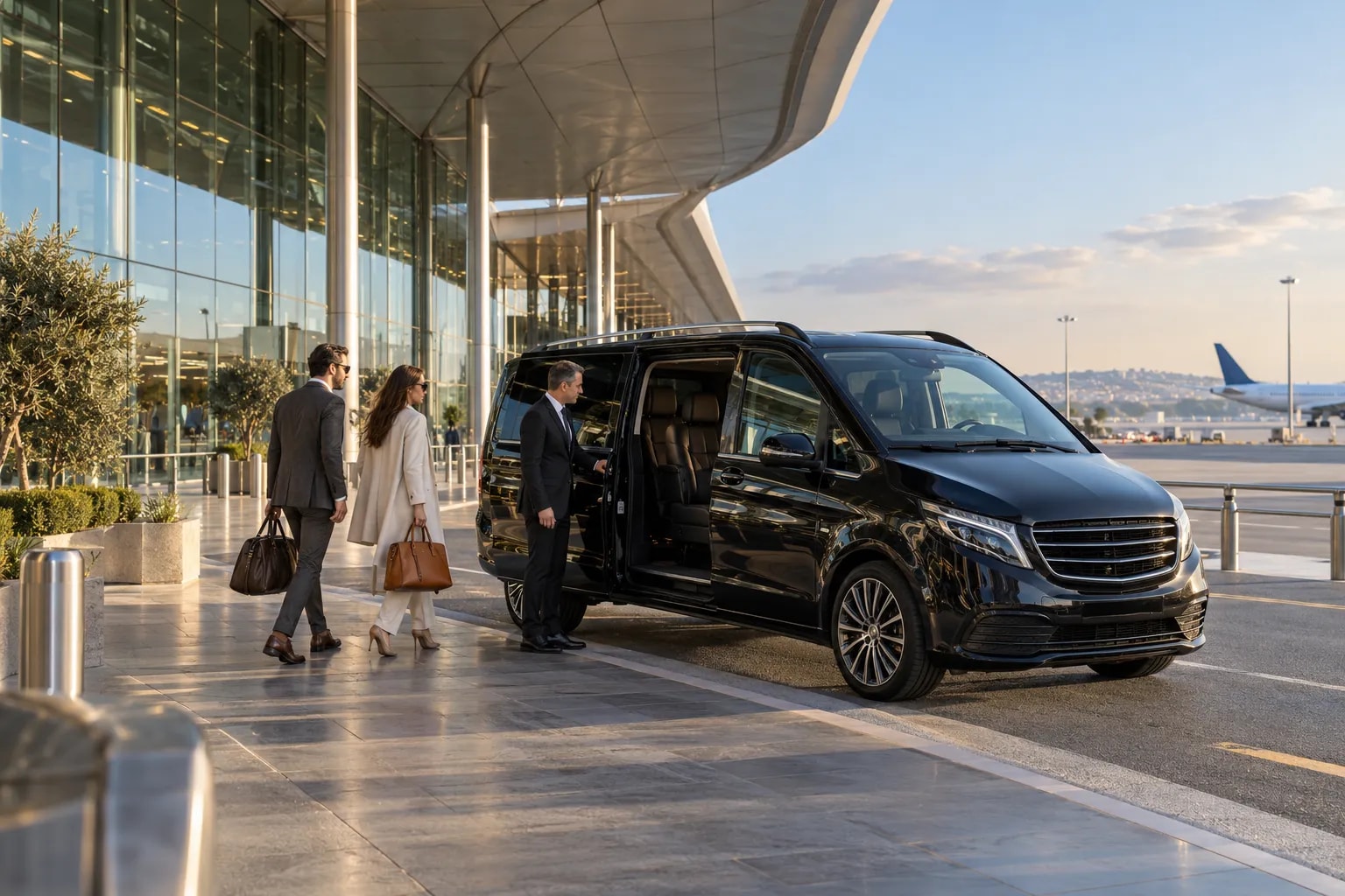 A chauffeur holding the door of a black executive van for a couple with leather luggage at an airport kerb