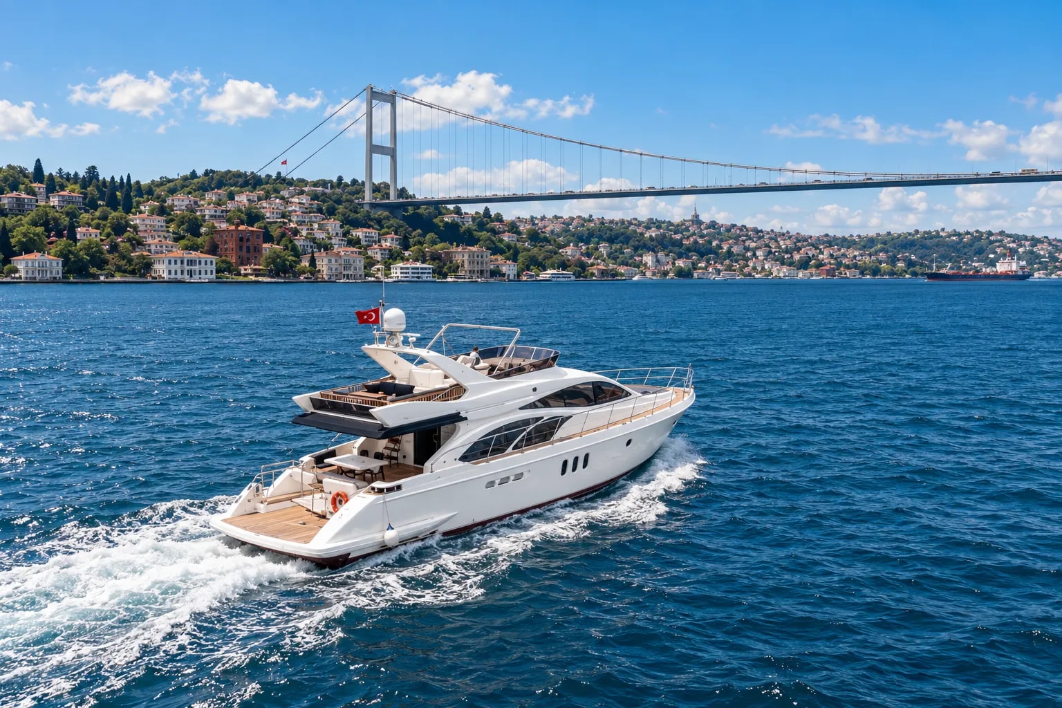 A white motor yacht cruising the Bosphorus beneath the suspension bridge
