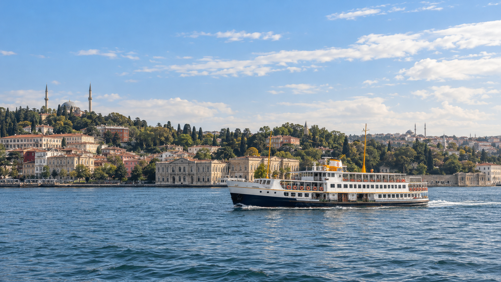 A traditional Istanbul passenger ferry crossing calm Bosphorus water beside a leafy historic waterfront in clear summer daylight