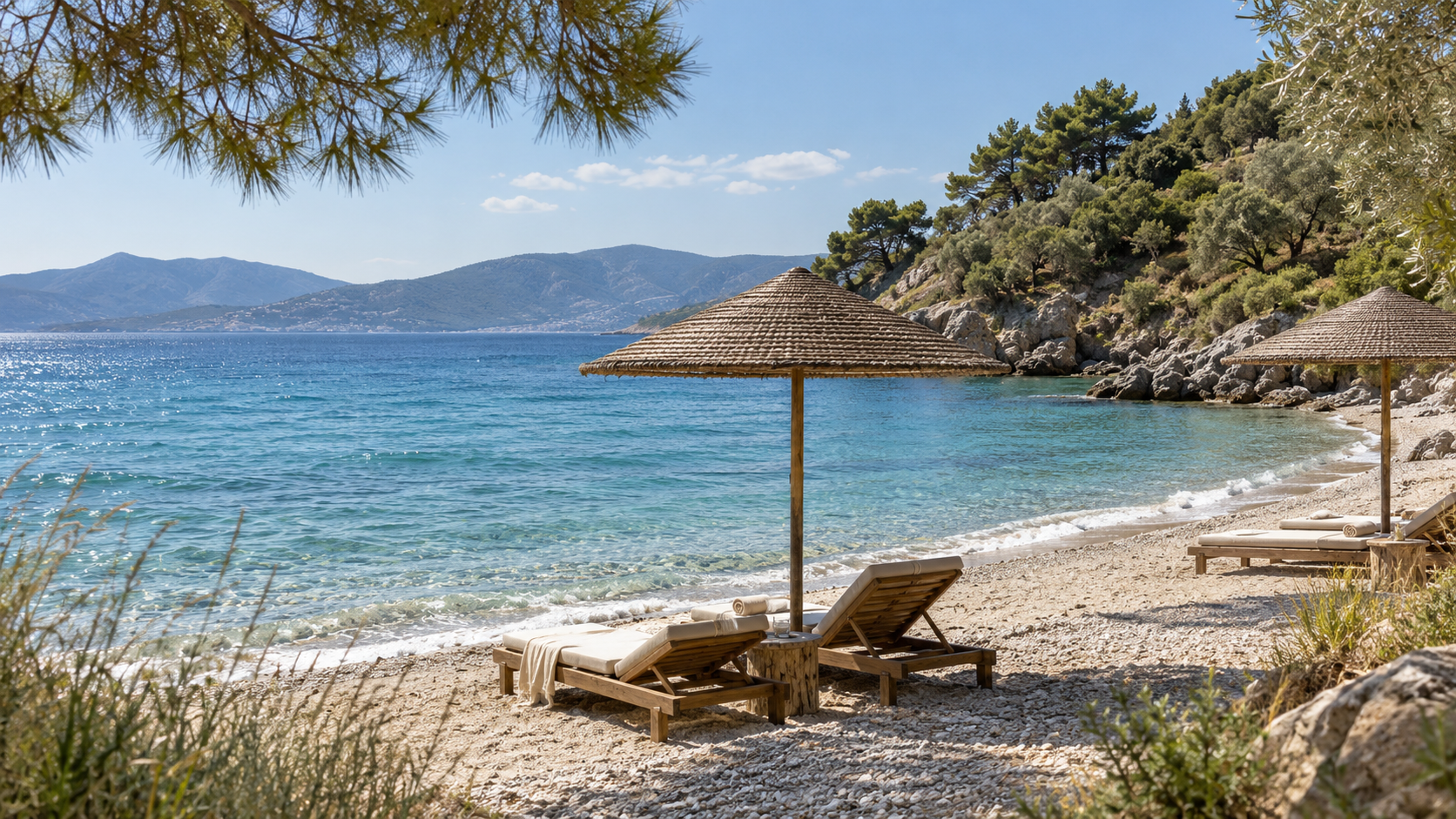 A quiet Aegean beach with natural straw parasols and wooden loungers beside clear blue water in summer daylight