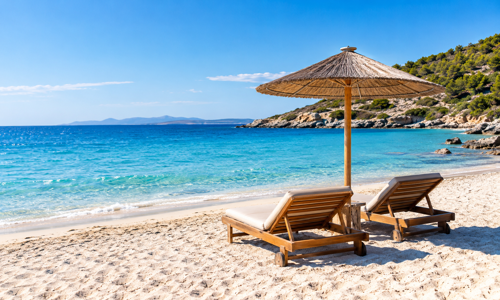 Two wooden sun loungers under a straw parasol on a pale sand beach with clear turquoise water