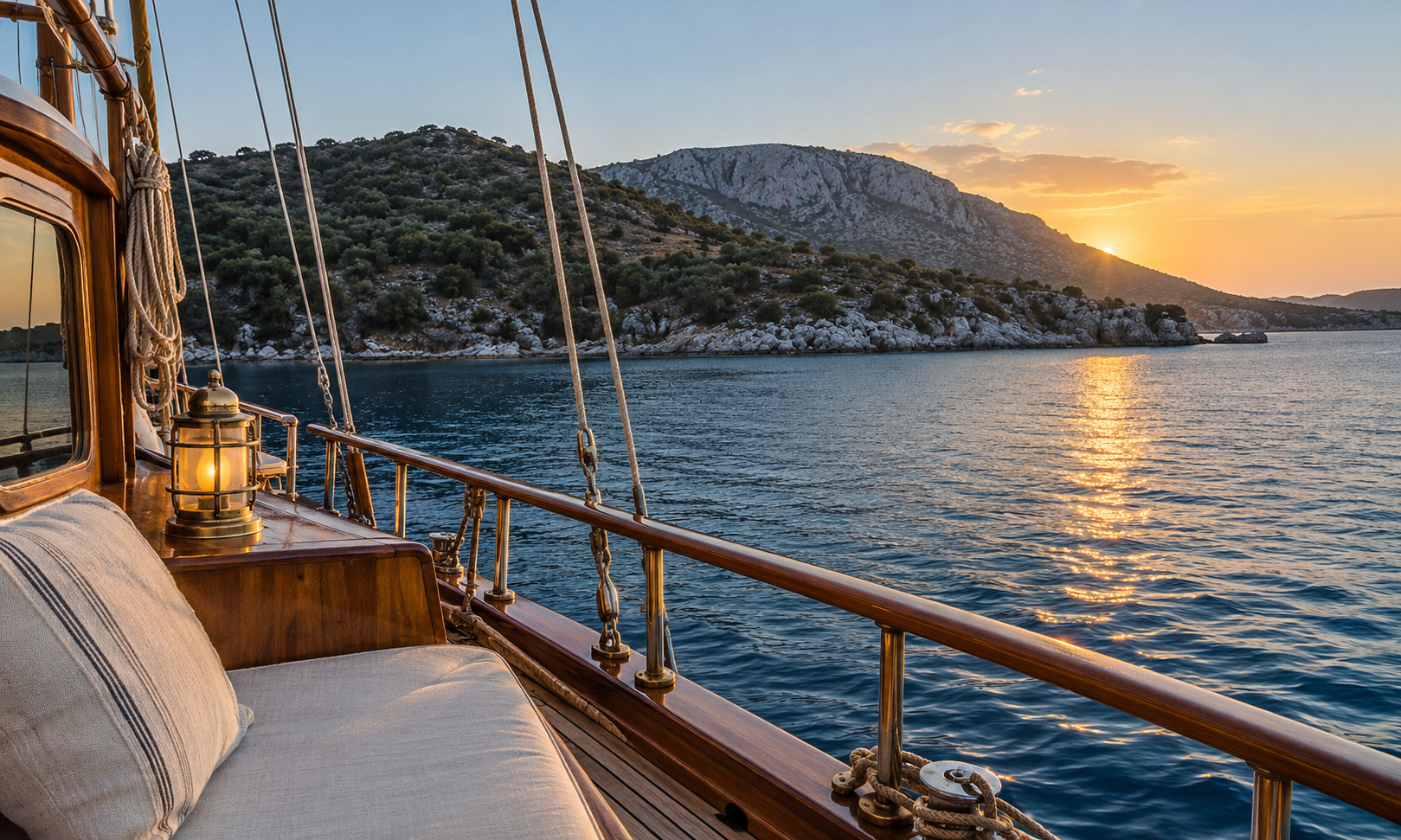 A cushioned gulet deck with a brass lantern and wooden rail, sailing past a rocky hillside at sunset