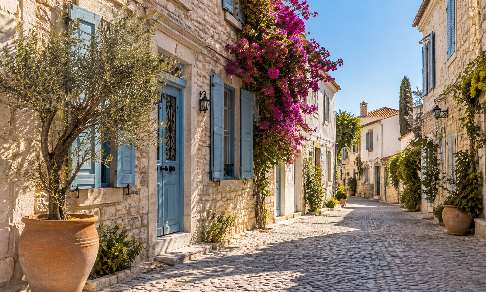 A sunny cobbled lane of stone houses with blue shutters, bougainvillea and potted olive trees