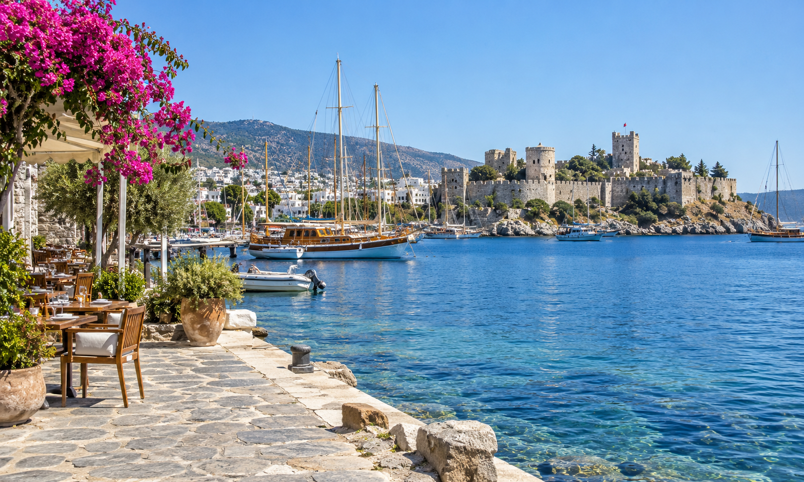 A waterfront terrace with bougainvillea overlooking a harbour of gulets and a stone castle
