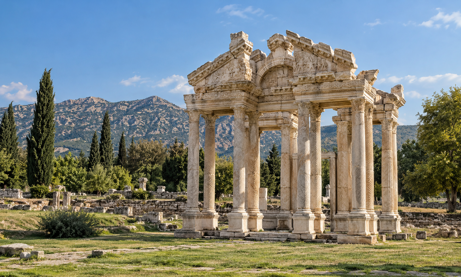 A carved marble gateway with fluted columns standing in an ancient site among cypress trees