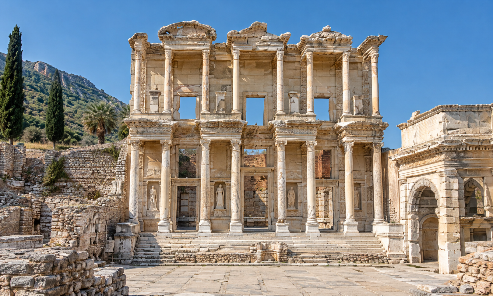 The two-storey columned façade of an ancient library among ruins, cypress trees and hills