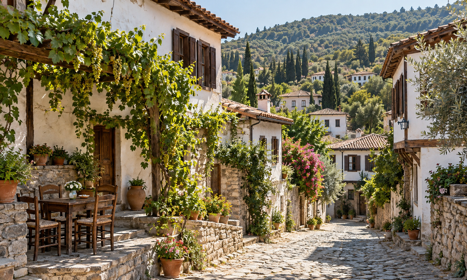 A cobbled lane between whitewashed village houses with vines, flowers and a small café table