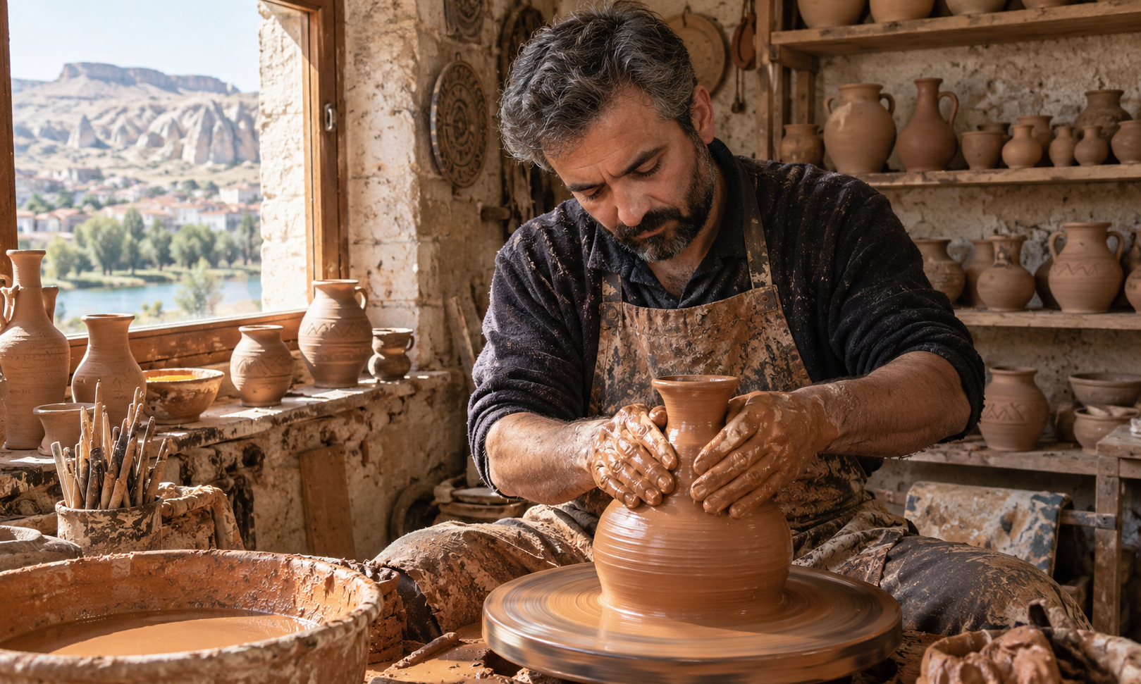 A potter shaping a clay vase on a wheel in a workshop lined with earthenware
