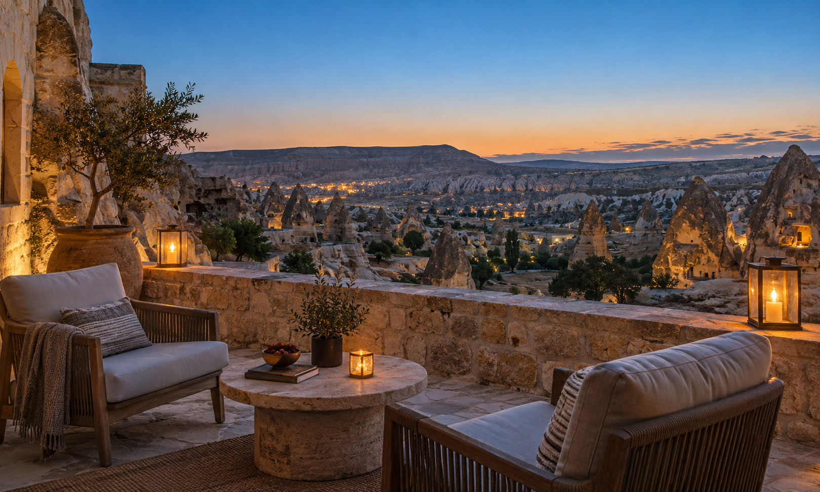 A lantern-lit terrace with armchairs overlooking a valley of fairy chimneys at dusk
