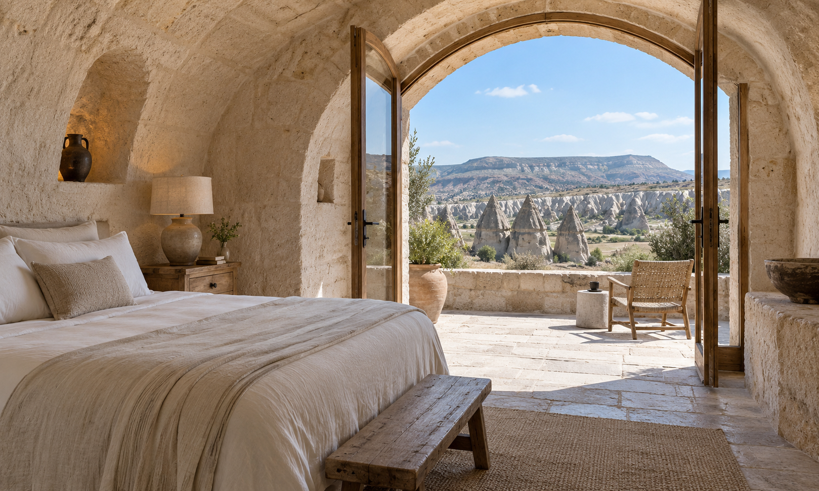 A vaulted stone cave bedroom opening onto a terrace with a view of fairy chimneys