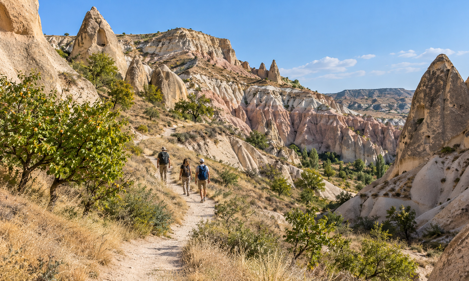 Three hikers on a dirt trail through a valley of eroded rock cones and fruit trees