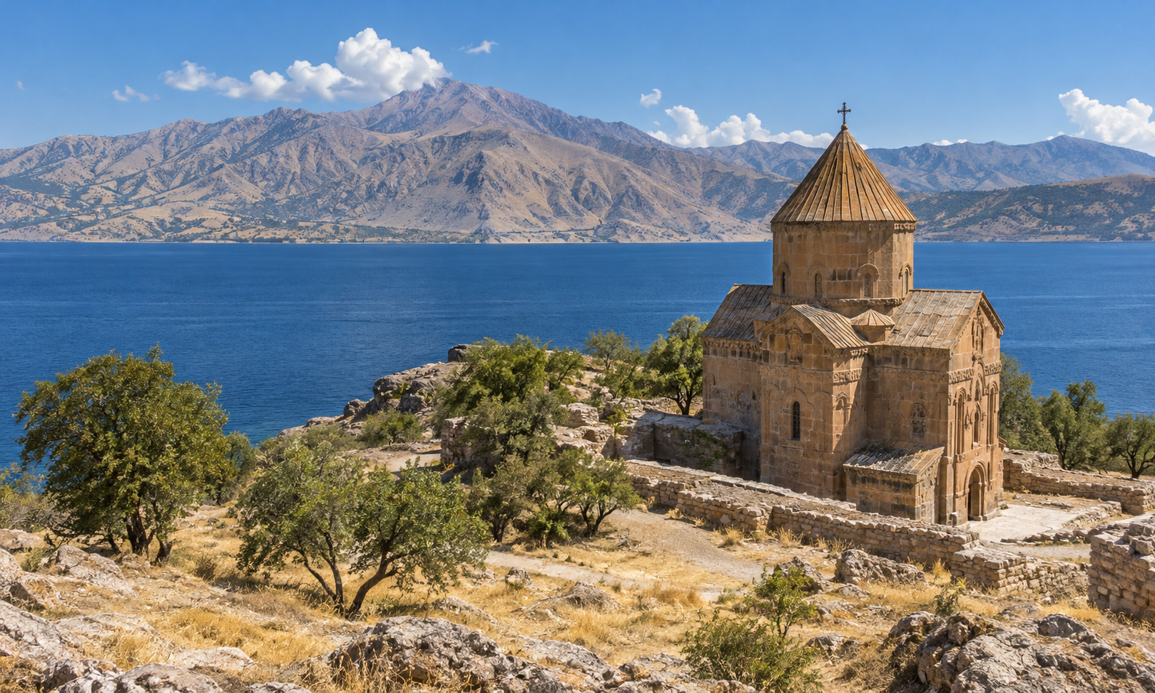 A small stone church on a rocky island shore above a deep blue lake, with mountains beyond