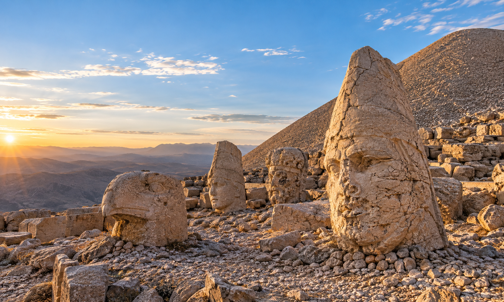 Colossal carved stone heads on a mountain summit at sunset, with a rubble tumulus behind