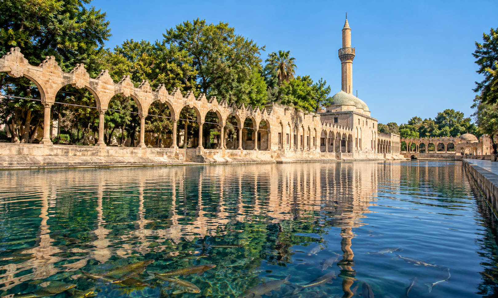 An arcaded stone courtyard and a mosque with a single minaret reflected in a clear pool full of fish