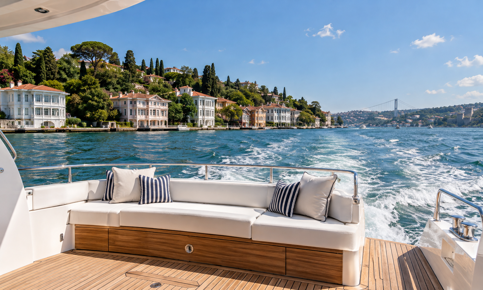 A cushioned aft deck on a private yacht cruising past waterfront mansions and a suspension bridge