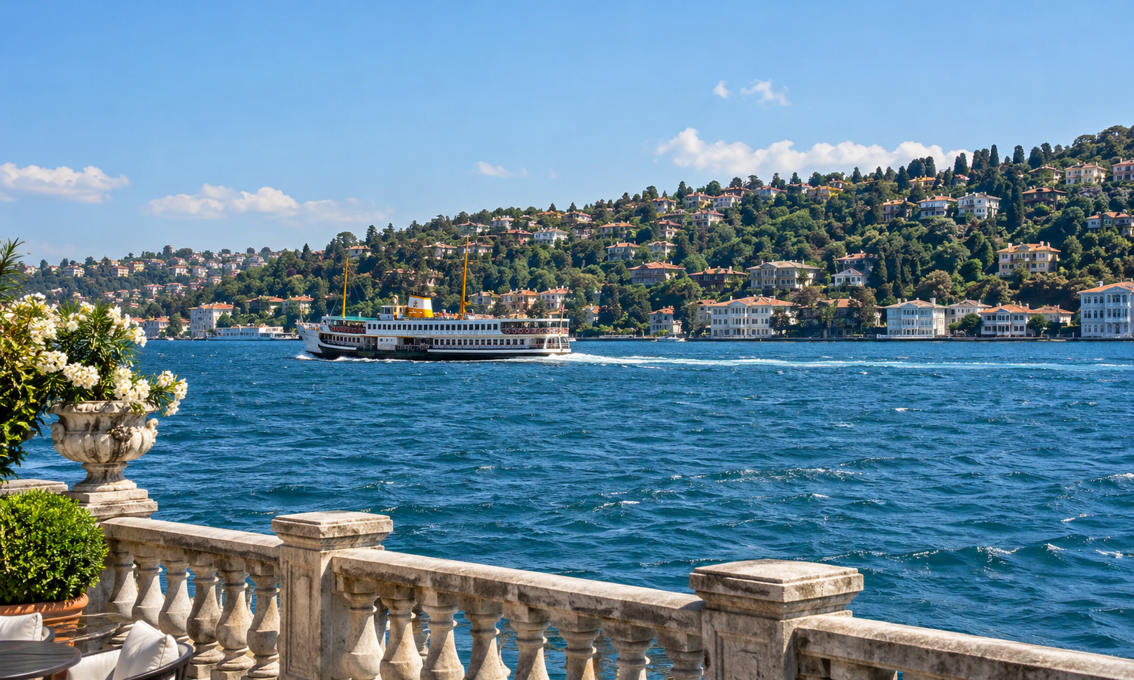 A white ferry crossing the Bosphorus beyond a stone balustrade, with wooded hills and waterfront houses behind