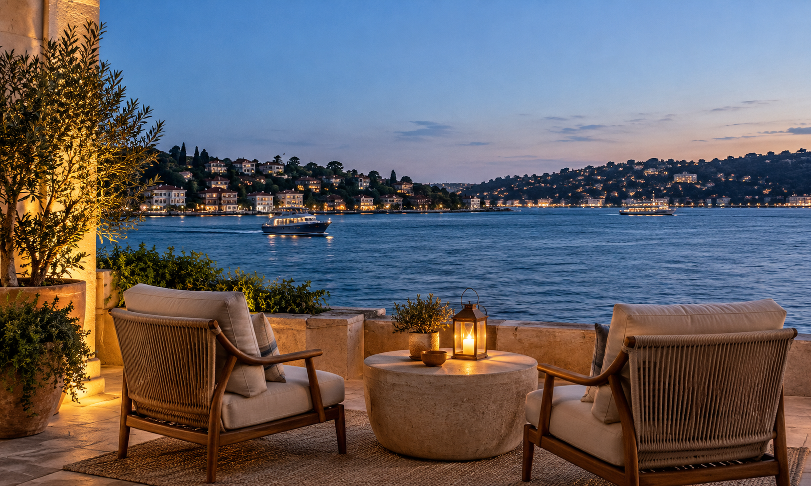Two armchairs and a lantern on a waterfront terrace at blue hour, with lit boats on the Bosphorus