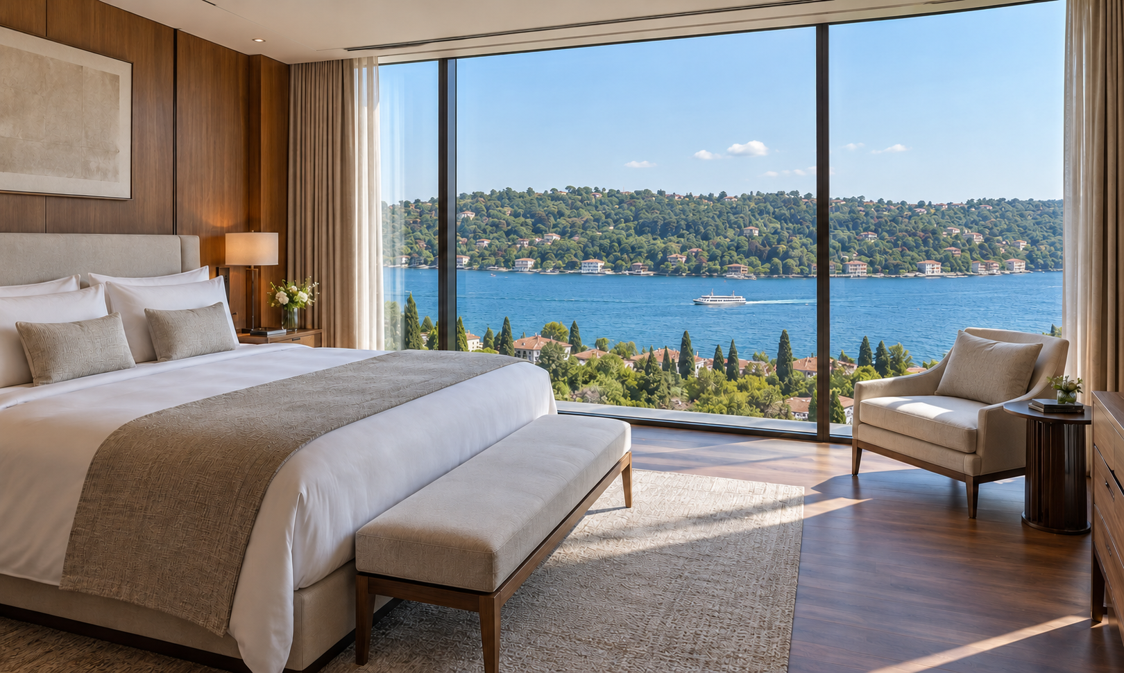 A hotel bedroom with floor-to-ceiling windows looking across the Bosphorus to a wooded shore