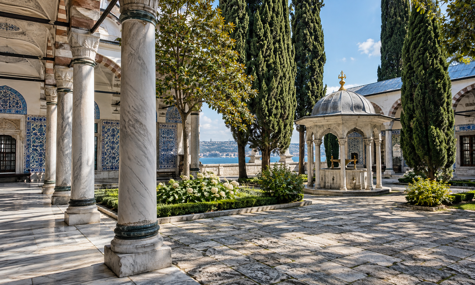 A marble colonnade and tiled walls around a courtyard with a domed fountain, cypress trees and a glimpse of the sea