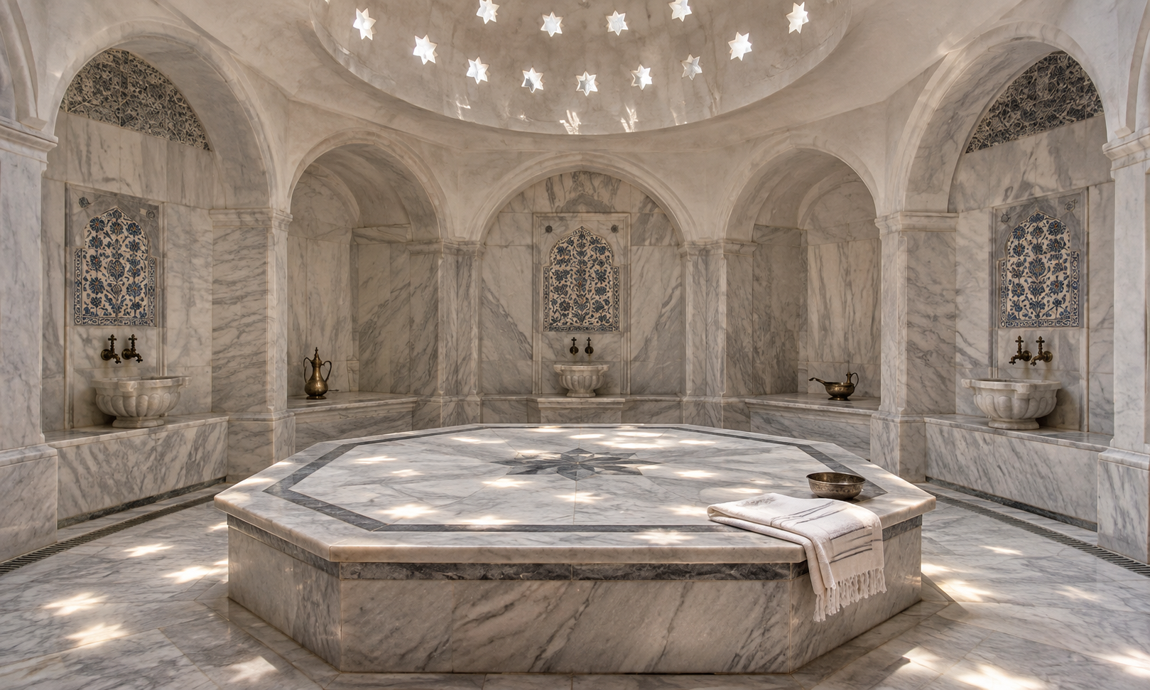 A marble hammam with an octagonal heated platform, wash basins and star-shaped skylights in the dome