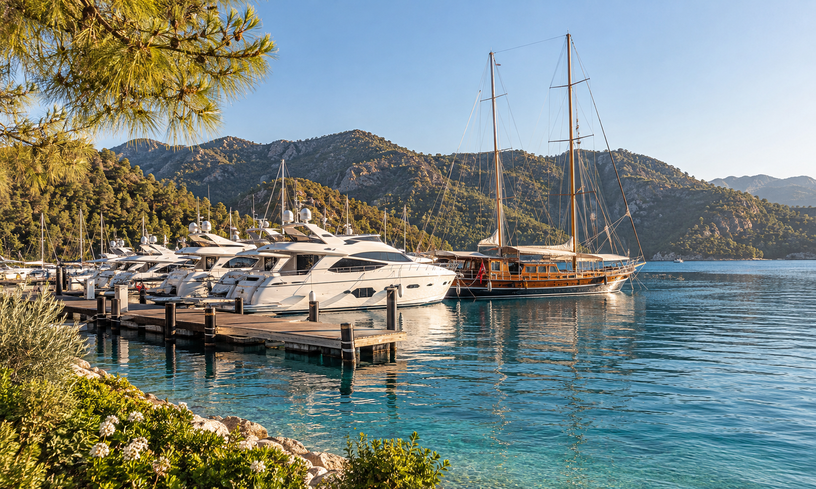 White motor yachts and a two-masted gulet moored along a pier in a bay ringed by green mountains