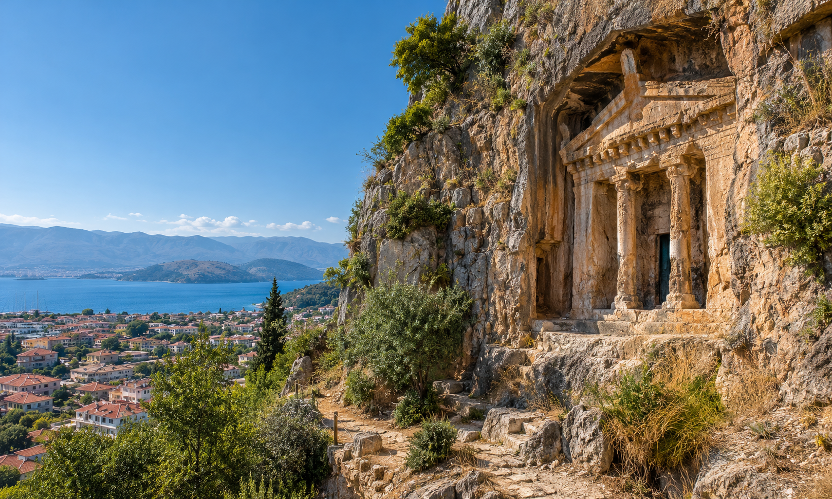 An ancient temple-fronted tomb carved into a cliff above a coastal town and bay