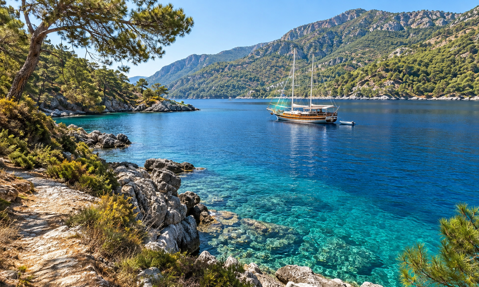 A wooden gulet anchored in a turquoise cove below pine-covered mountains